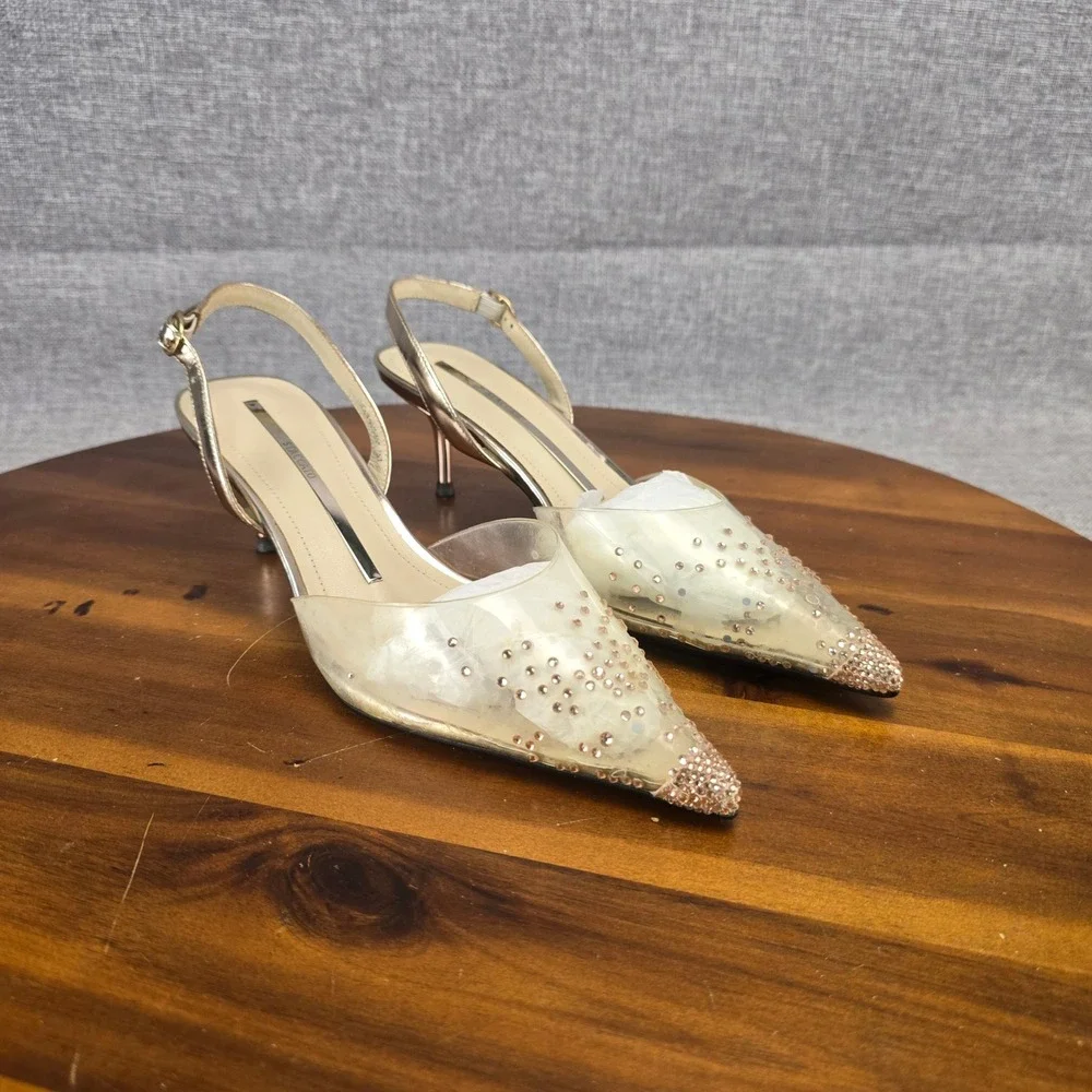 Staccato Gold Metallic Rhinestone Clear PVC Slingback Kitten Heels Size 37